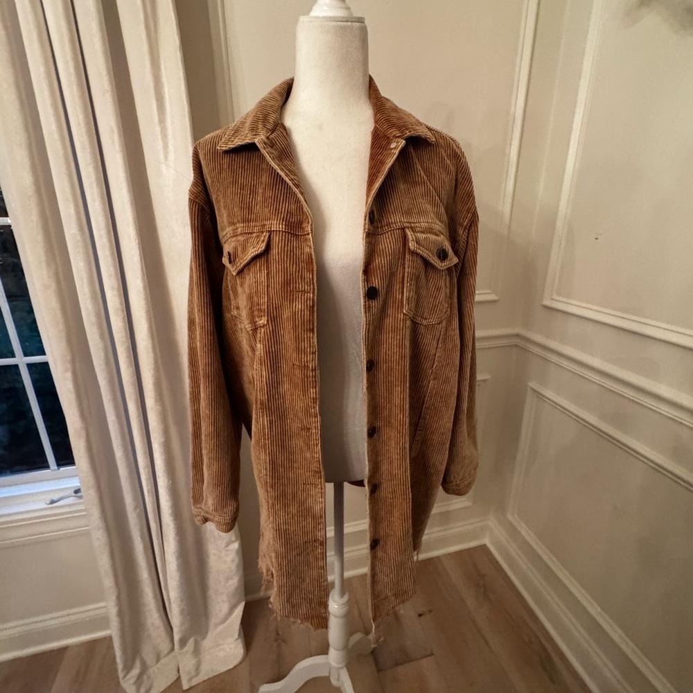 POL Clothing Frayed Hem Brown Corduroy Trucker Jacket